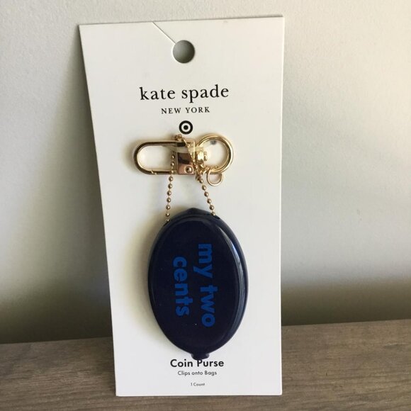 Kate Spade New York Oval Coin Purse Navy Blue with "my two cents" printed on it - Picture 1 of 2